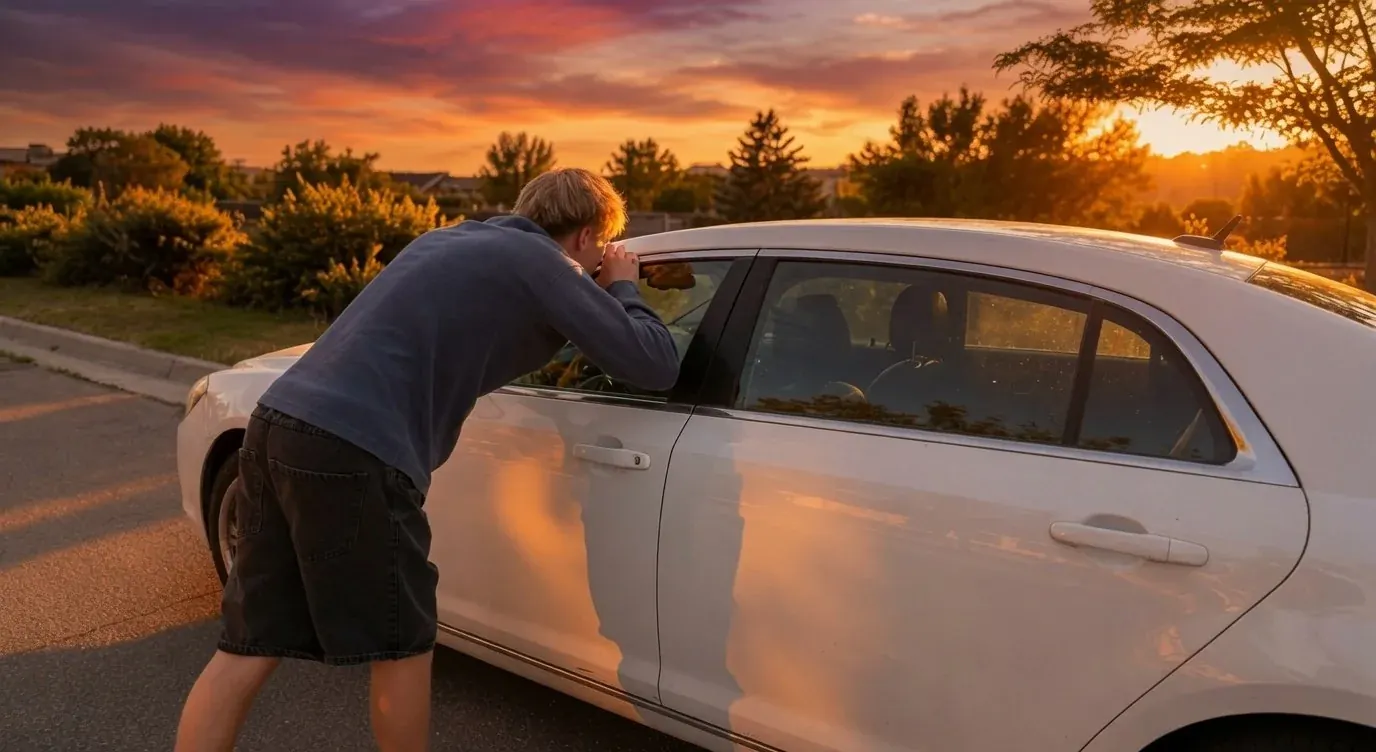 Automotive locksmith opening a locked car door without damage during an evening lockout call in northern Utah