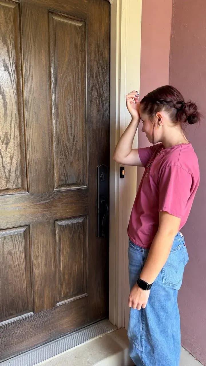 Homeowner locked out of a house waiting beside a wooden front door with a black handleset in northern Utah