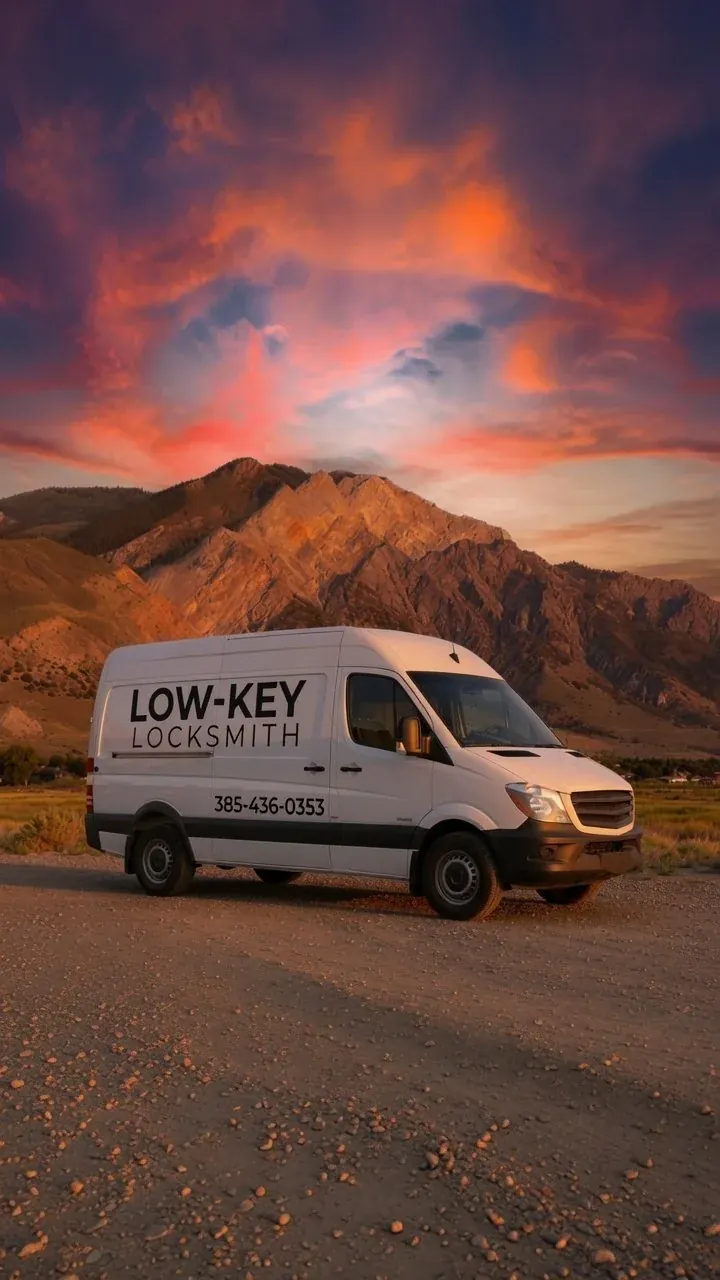 Low-Key Locksmith mobile locksmith van parked below the northern Utah foothills at sunset, ready for 24/7 lockout calls in Weber, Box Elder, and Davis County