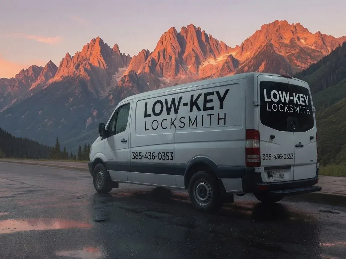 Low-Key Locksmith service van with company name and phone number, staged below the Wasatch Range in northern Utah