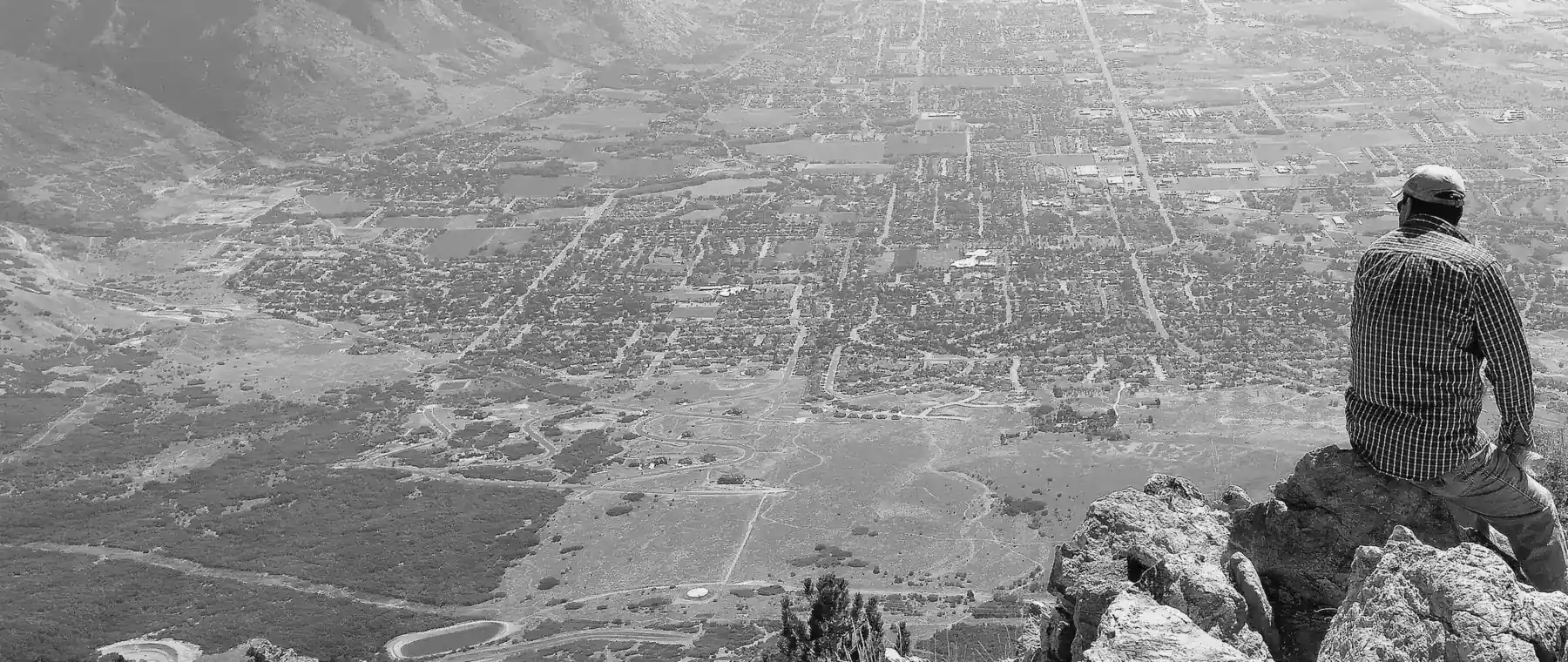 The Weber County valley floor seen from Ben Lomond Peak, the farmland and subdivisions above Farr West, Utah